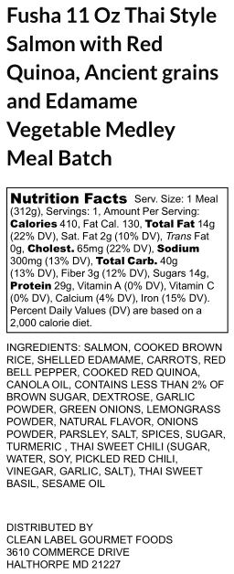 A nutrition label for salmon, cooked brown rice and other foods.