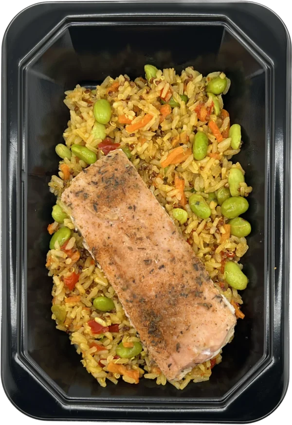 A meal of rice and vegetables with salmon.